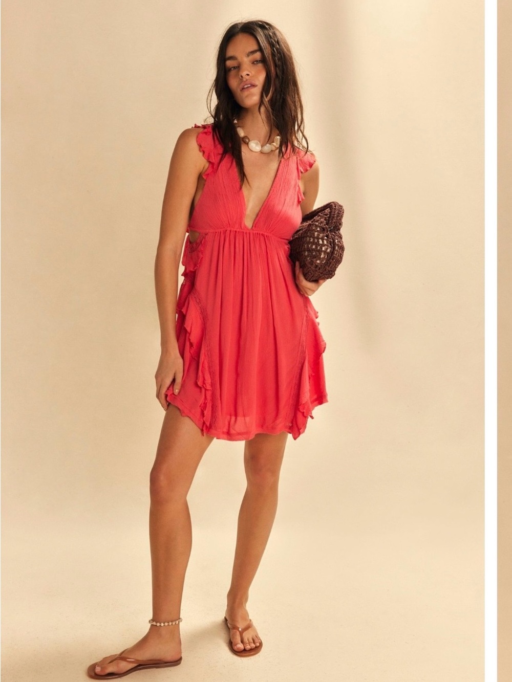 Free People Coral Ruffle V-Neck Mini Dress